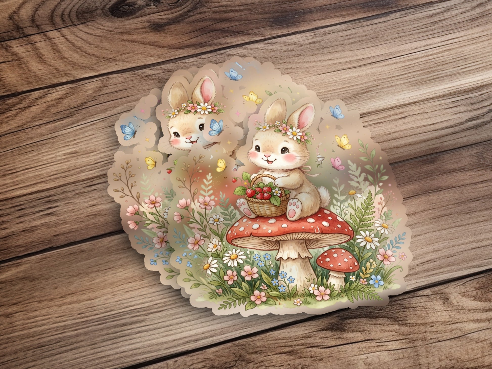 Two cute bunnies wearing flower crowns sit on a mushroom, surrounded by flowers and butterflies.