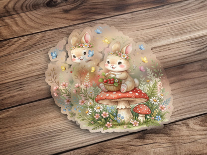 Two cute bunnies wearing flower crowns sit on a mushroom, surrounded by flowers and butterflies.