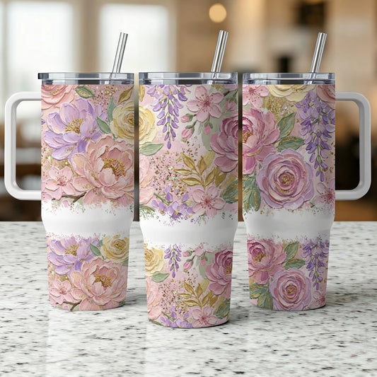 Three tumblers with floral patterns and rose gold glitter.