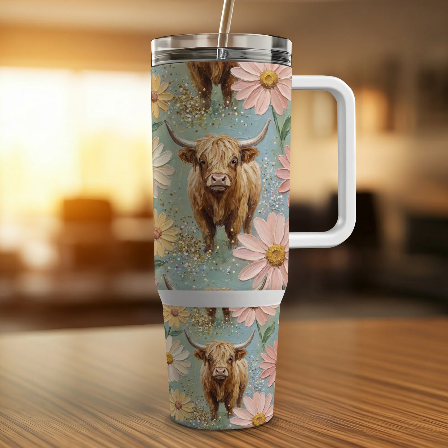 Highland cow with daisies on a patterned tumbler with a white handle.
