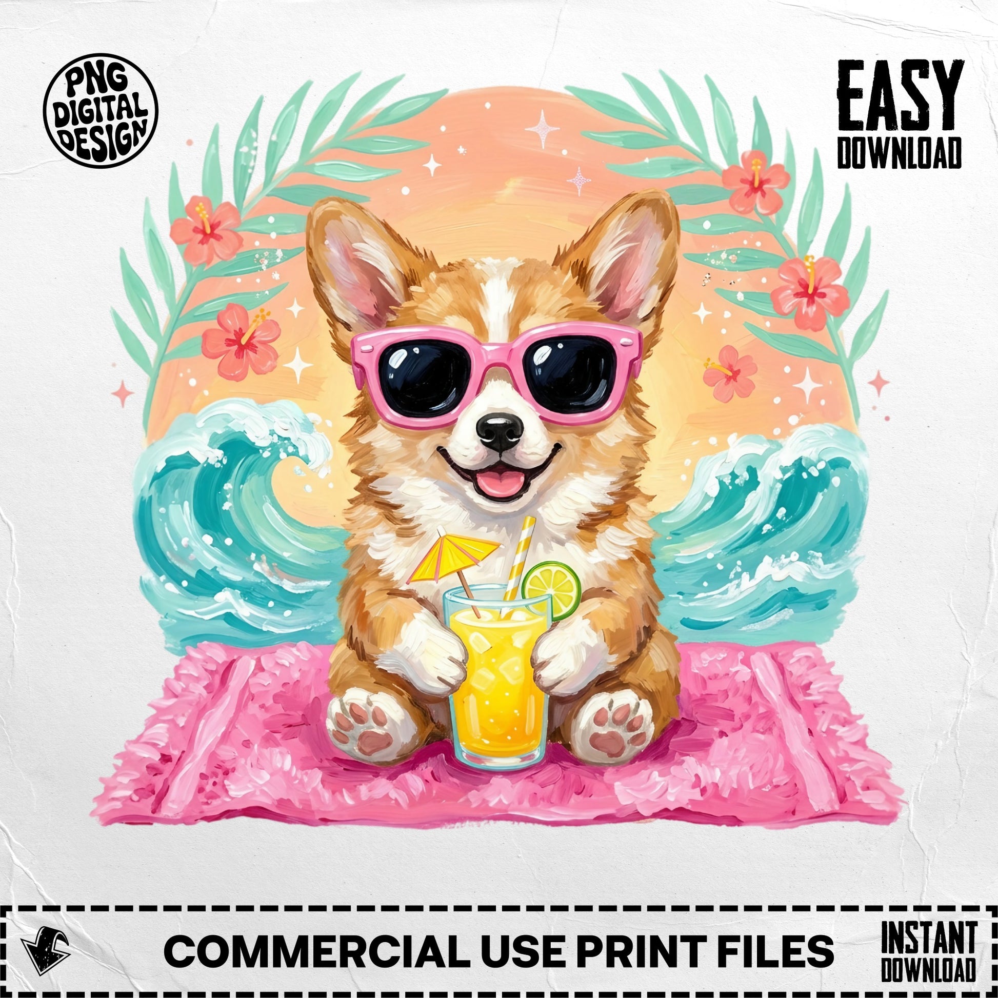 Corgi wearing sunglasses sits on a pink mat with a drink.