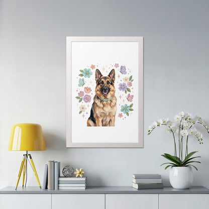 Framed artwork of a German Shepherd surrounded by a floral wreath and butterflies.