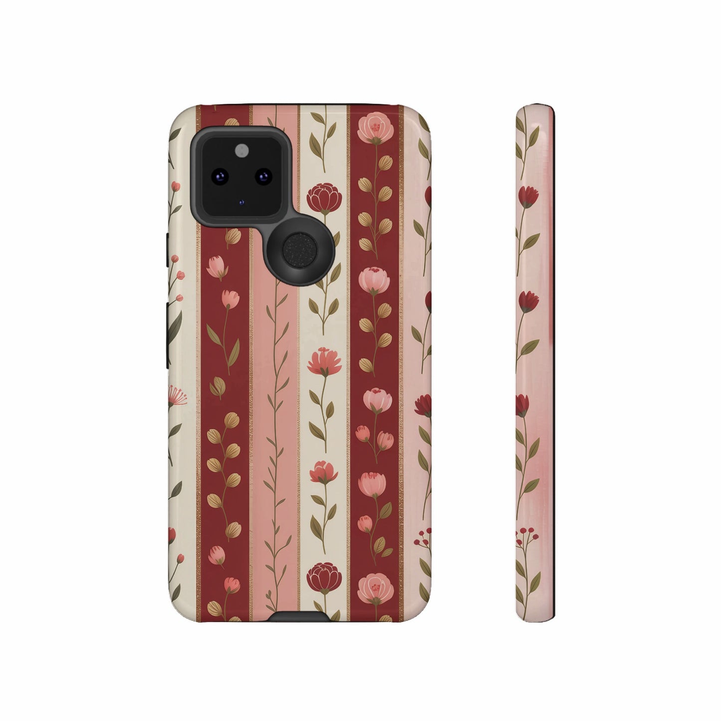 Floral striped phone case with pink and red flowers on a cream background.