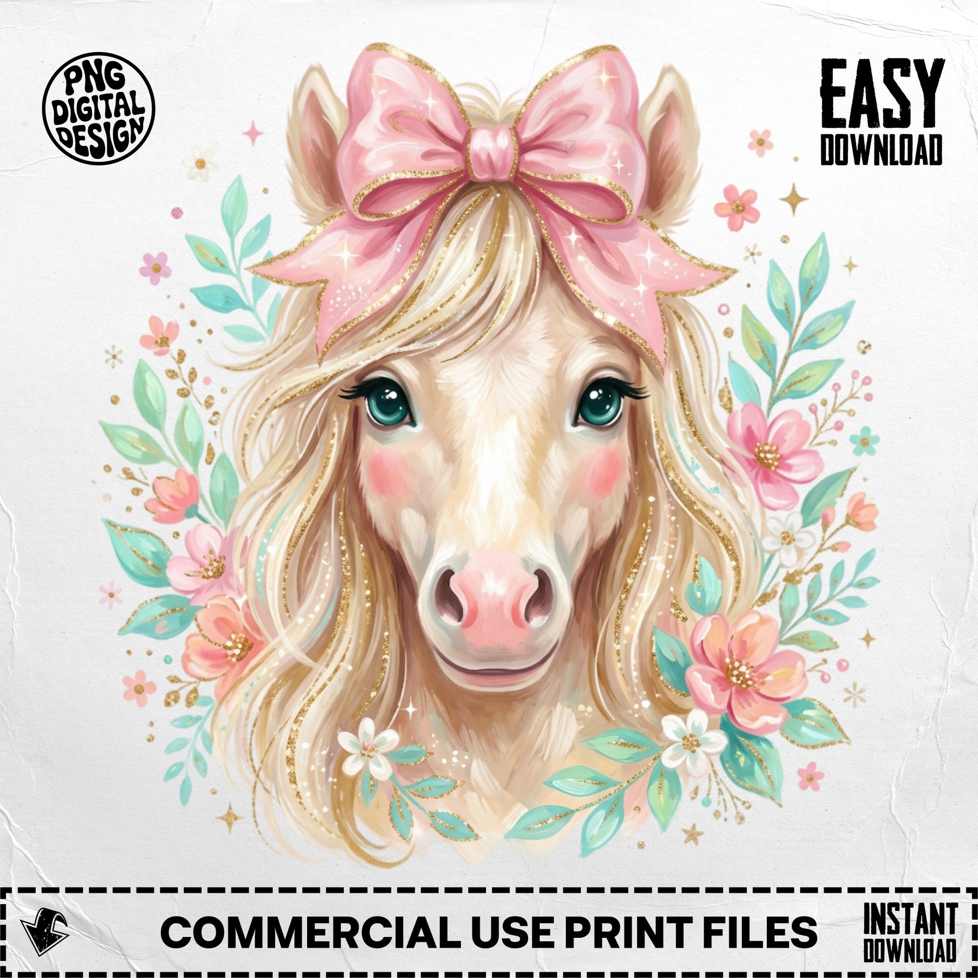 Illustration of a horse with a pink bow, surrounded by flowers and glitter.