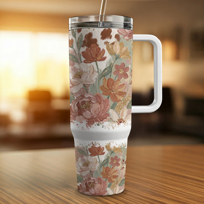 Floral and cow print tumbler with handle on wooden table.