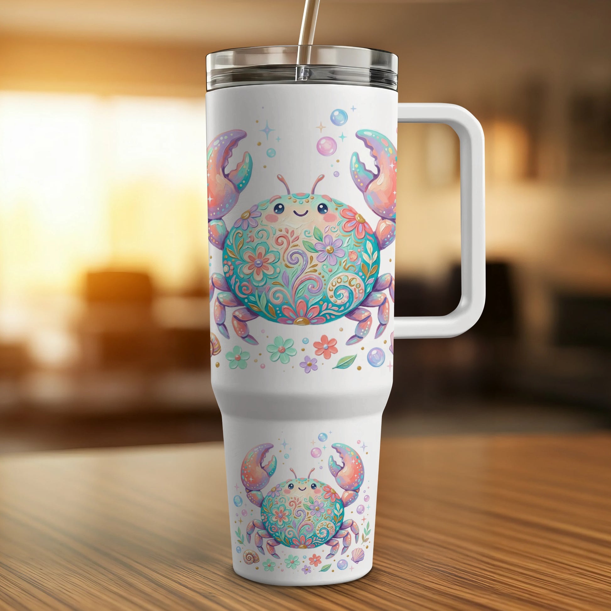 White travel tumbler with colorful, floral crab illustration.