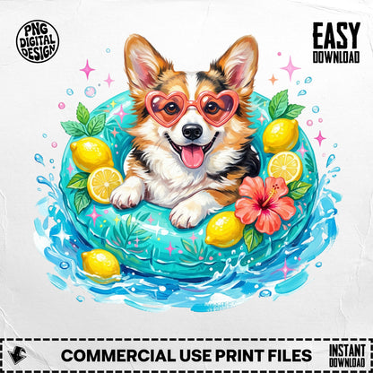Corgi wearing heart sunglasses in a pool float with lemons and hibiscus.