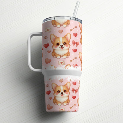 Pink tumbler with repeating corgi, heart, and arrow pattern and straw.