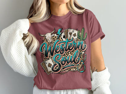 T-shirt with "Western Soul" text, cowboy skull, cards, cactus, and leopard print.