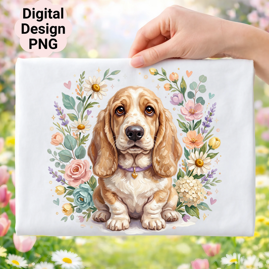 Basset hound puppy surrounded by a floral wreath, with "Digital Design PNG" in the corner.