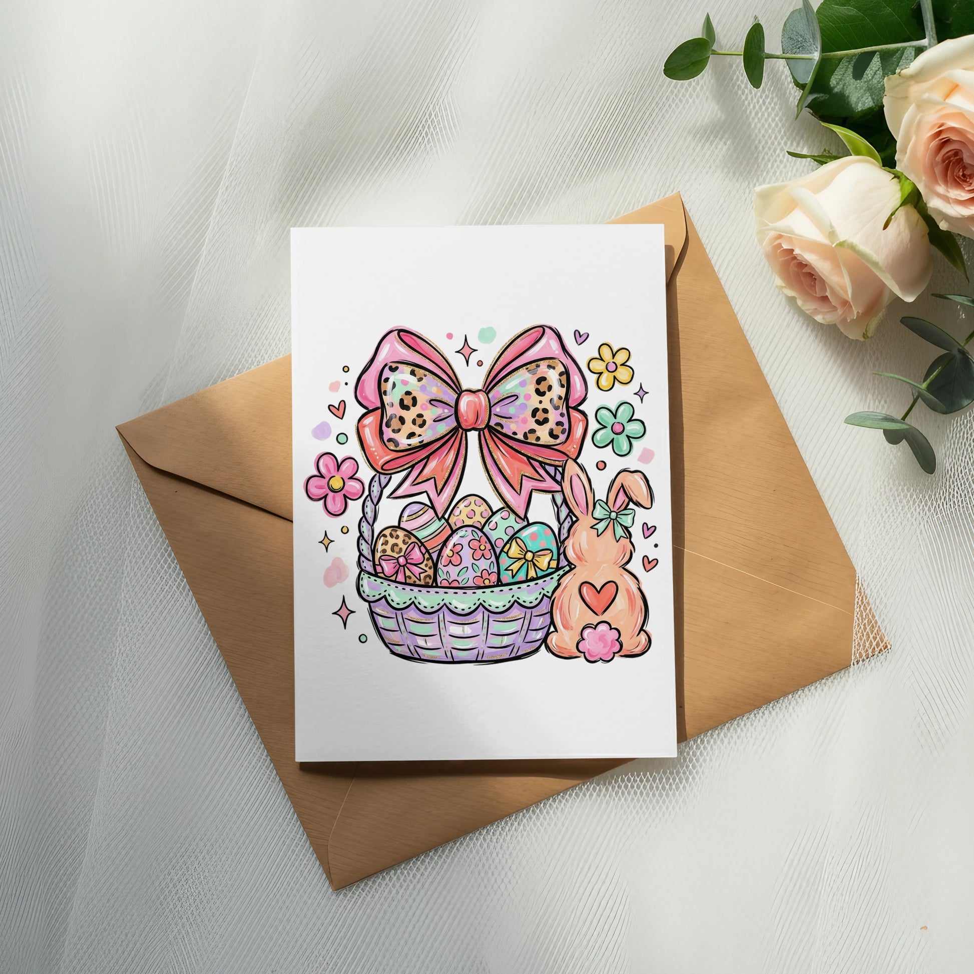 Easter basket with bow and bunny, sitting on a brown envelope with roses.