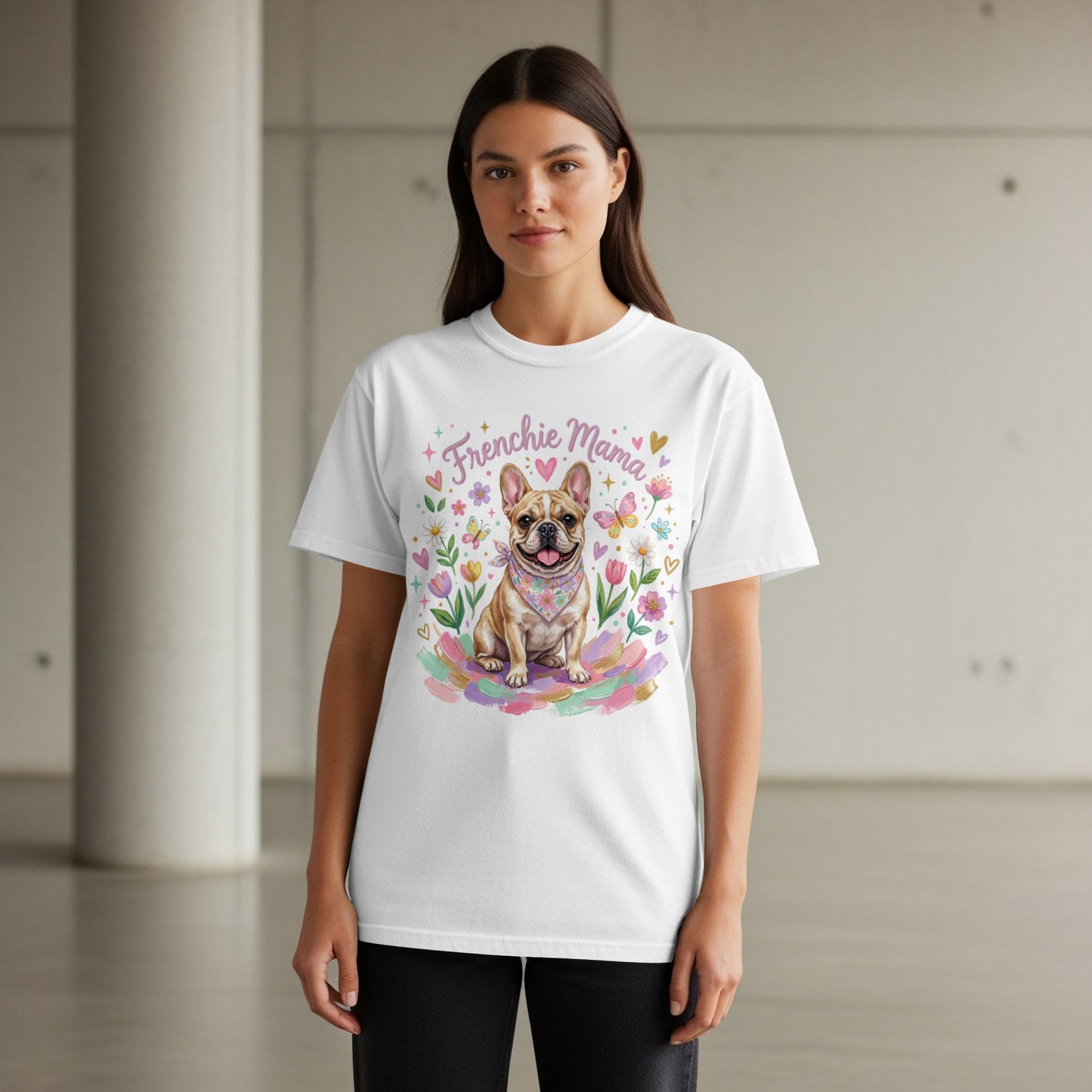 White t-shirt with "Frenchie Mama" text and a French bulldog illustration.
