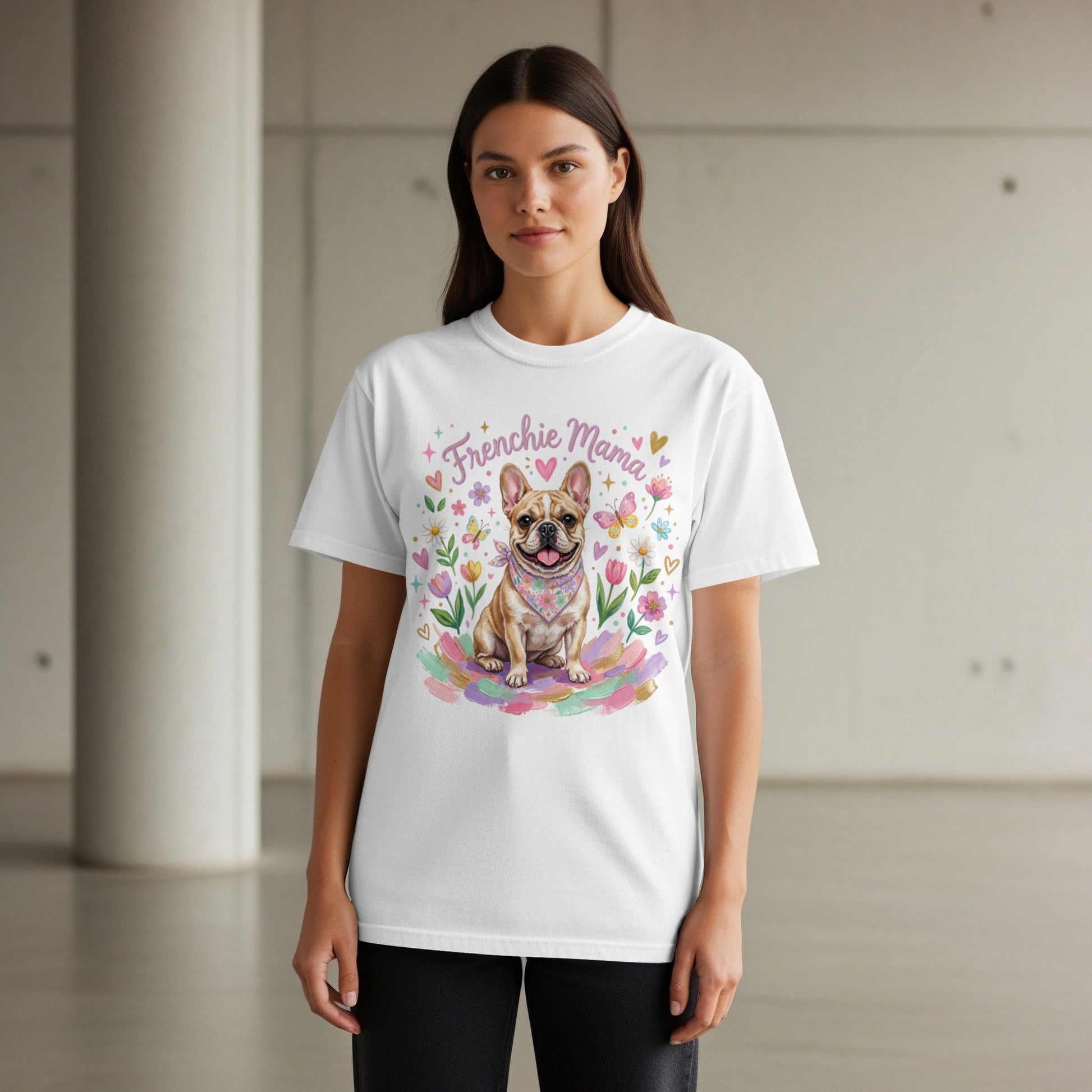 White t-shirt with "Frenchie Mama" text and a French bulldog illustration.