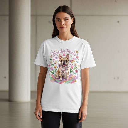 White t-shirt with "Frenchie Mama" text and a French bulldog illustration.