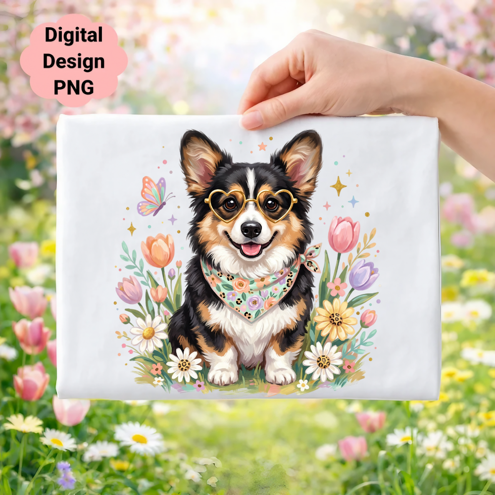 Corbin the Corgi with flowers, hearts, and a butterfly.