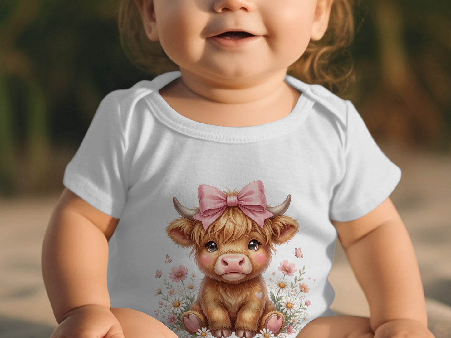White baby onesie with a cartoon Highland cow wearing a pink bow.