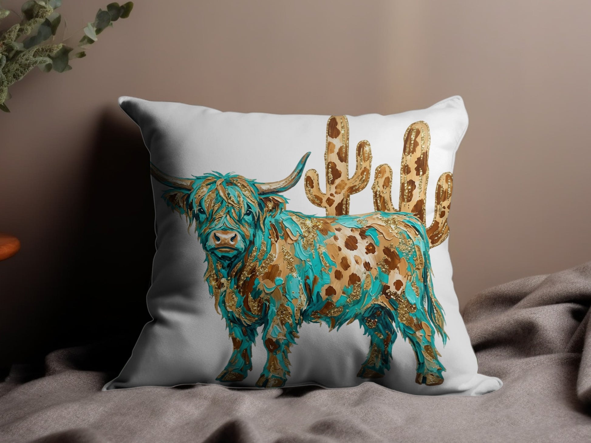 Pillow with a Highland cow and gold-accented cacti design.