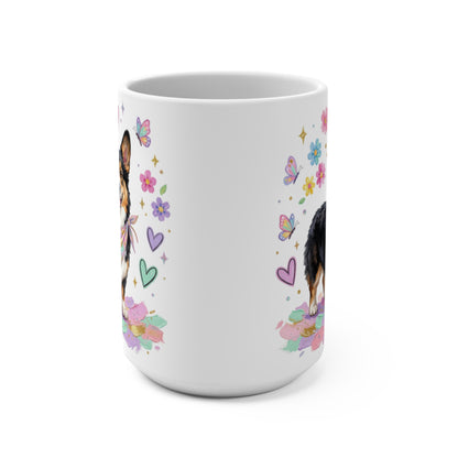 White mug with colorful dog and butterfly illustrations.