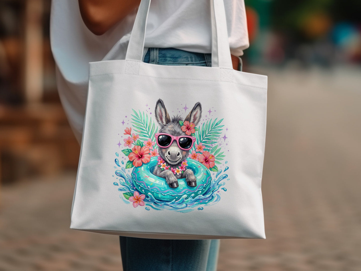 Donkey wearing sunglasses in a pool float, surrounded by flowers and water.