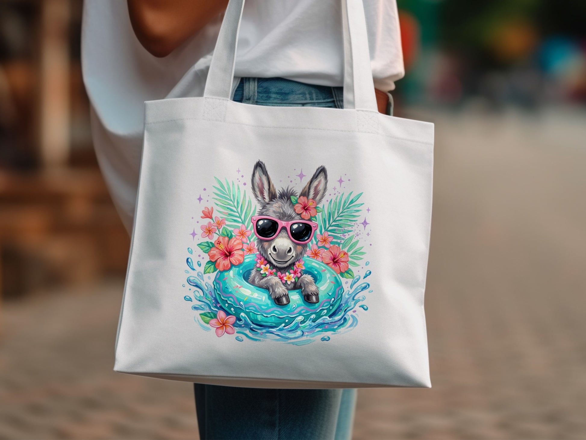 Donkey wearing sunglasses in a pool float, surrounded by flowers and water.