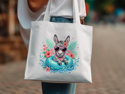 Donkey wearing sunglasses in a pool float, surrounded by flowers and water.