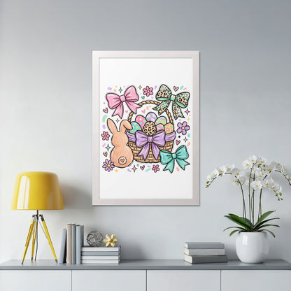 Easter basket with bunny, eggs, and bows, framed on a wall.