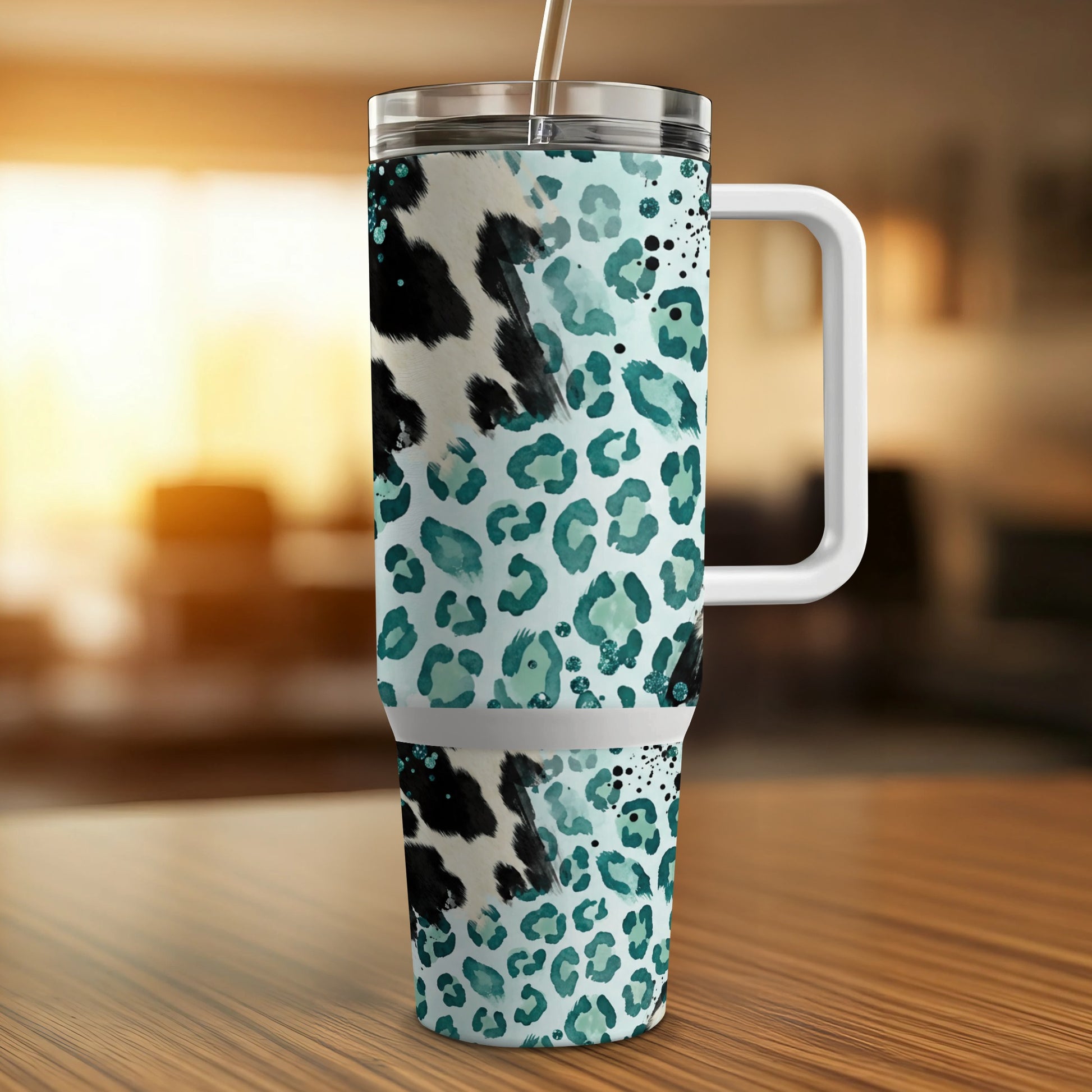Teal and black leopard print tumbler with handle and straw.