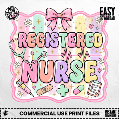 Registered Nurse design with stethoscope, syringe, heart monitor, and bandages.