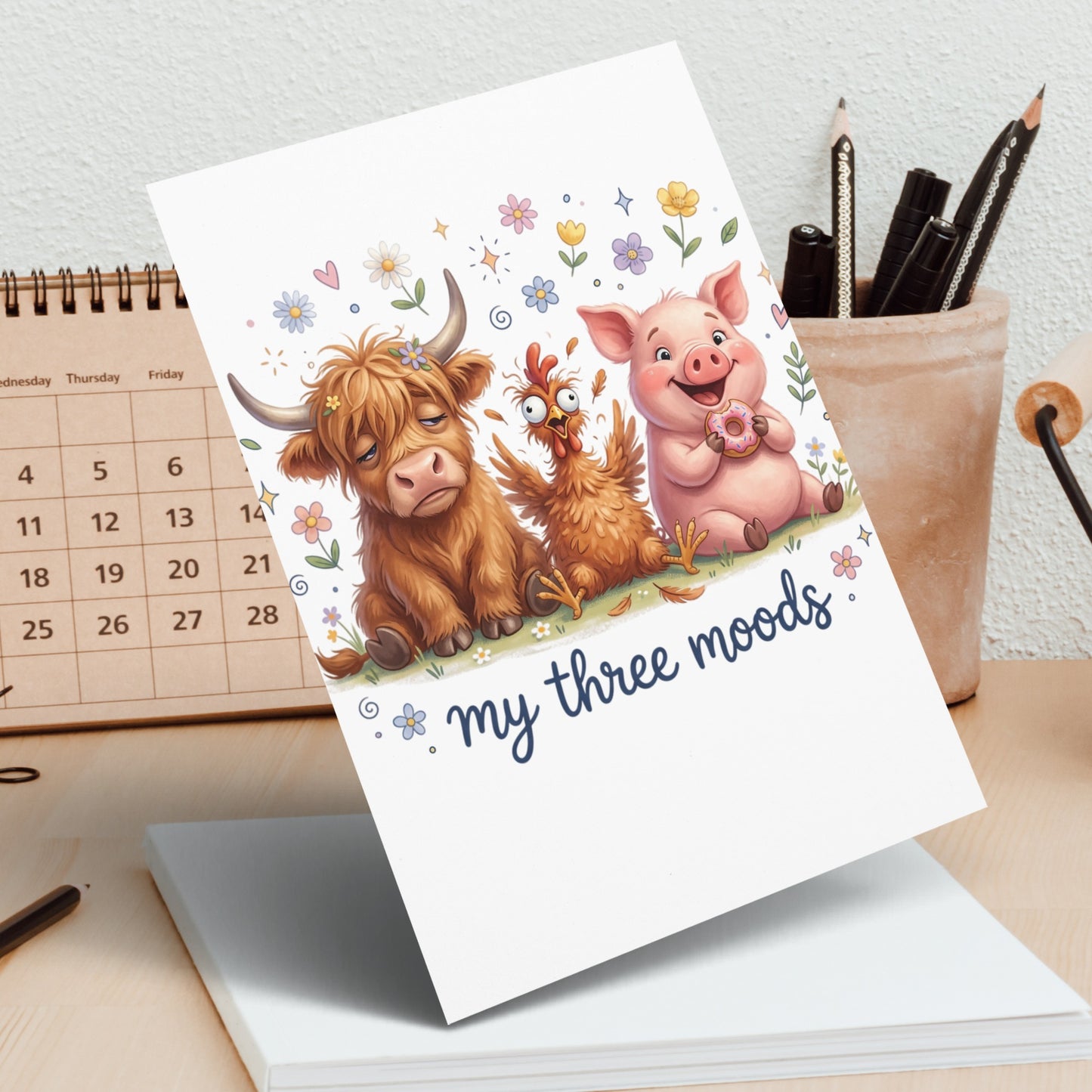 Three cartoon animals, a cow, chicken, and pig, with text "my three moods".