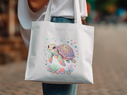 White tote bag with a colorful cartoon turtle and coral.