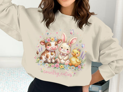 Cow, bunny, and duckling wear flower crowns surrounded by floral accents.