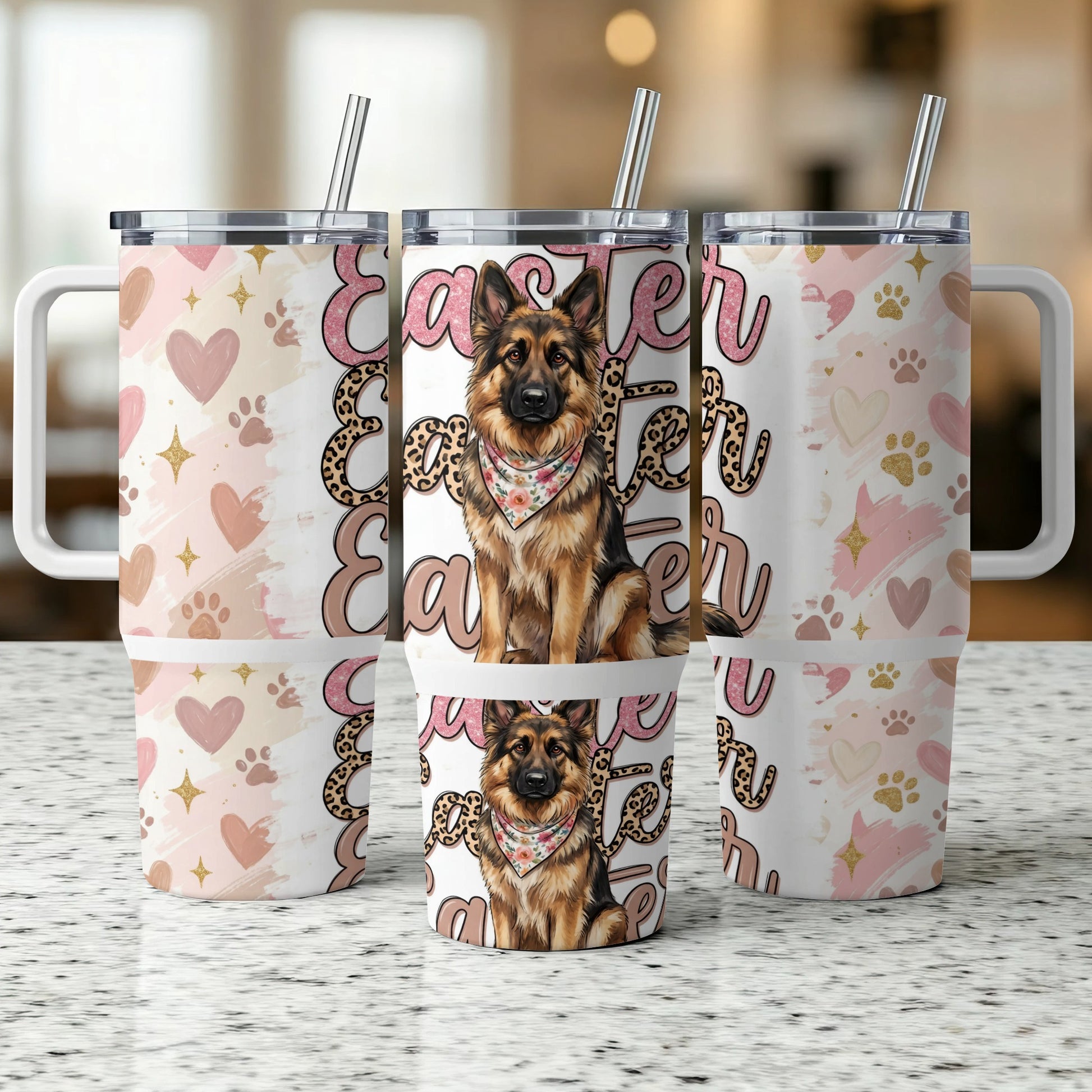 German Shepherd Easter tumbler with pink hearts and paw prints.