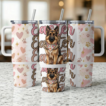 German Shepherd Easter tumbler with pink hearts and paw prints.