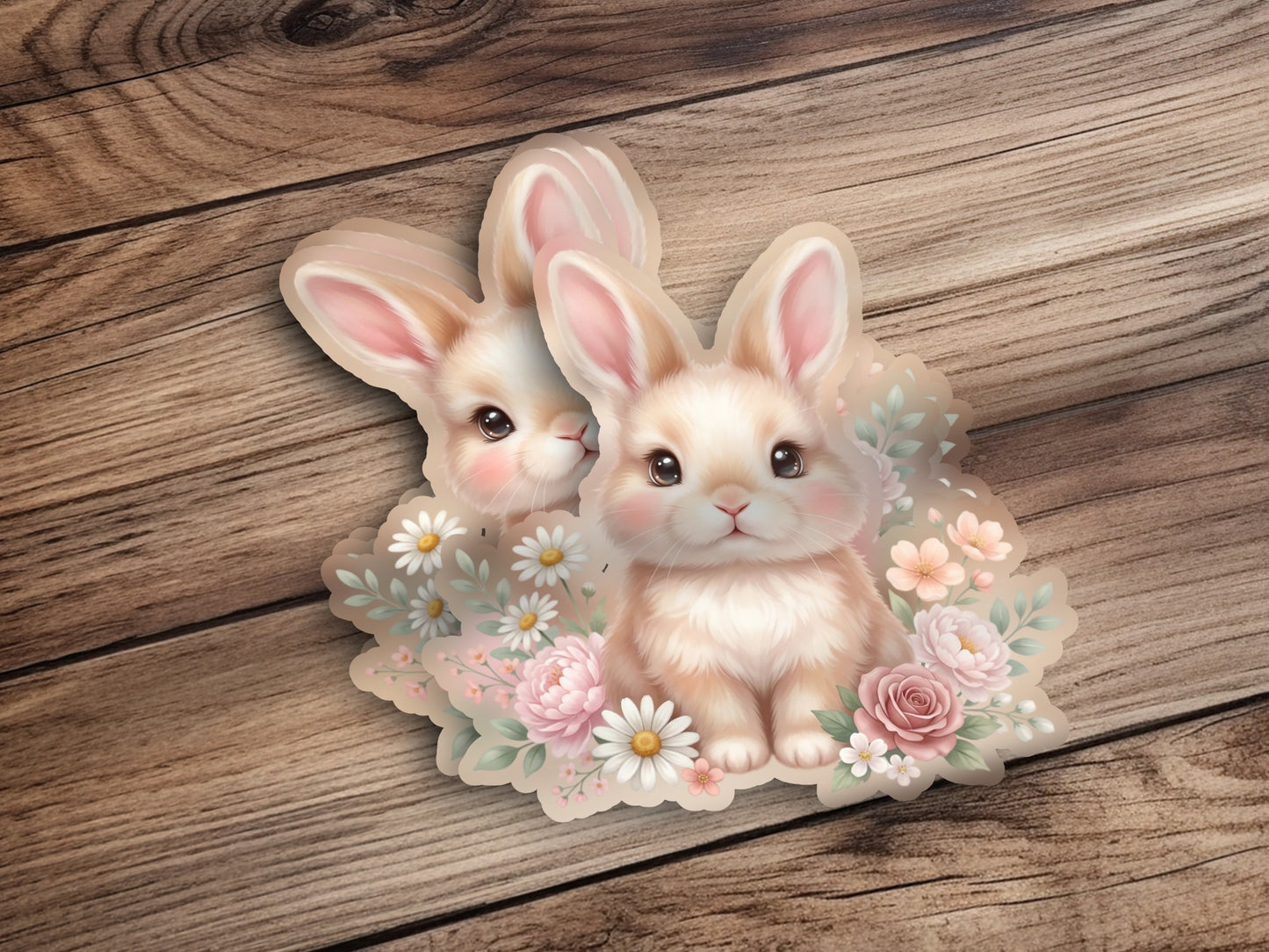 Two cartoon rabbits among flowers, on a wooden background.