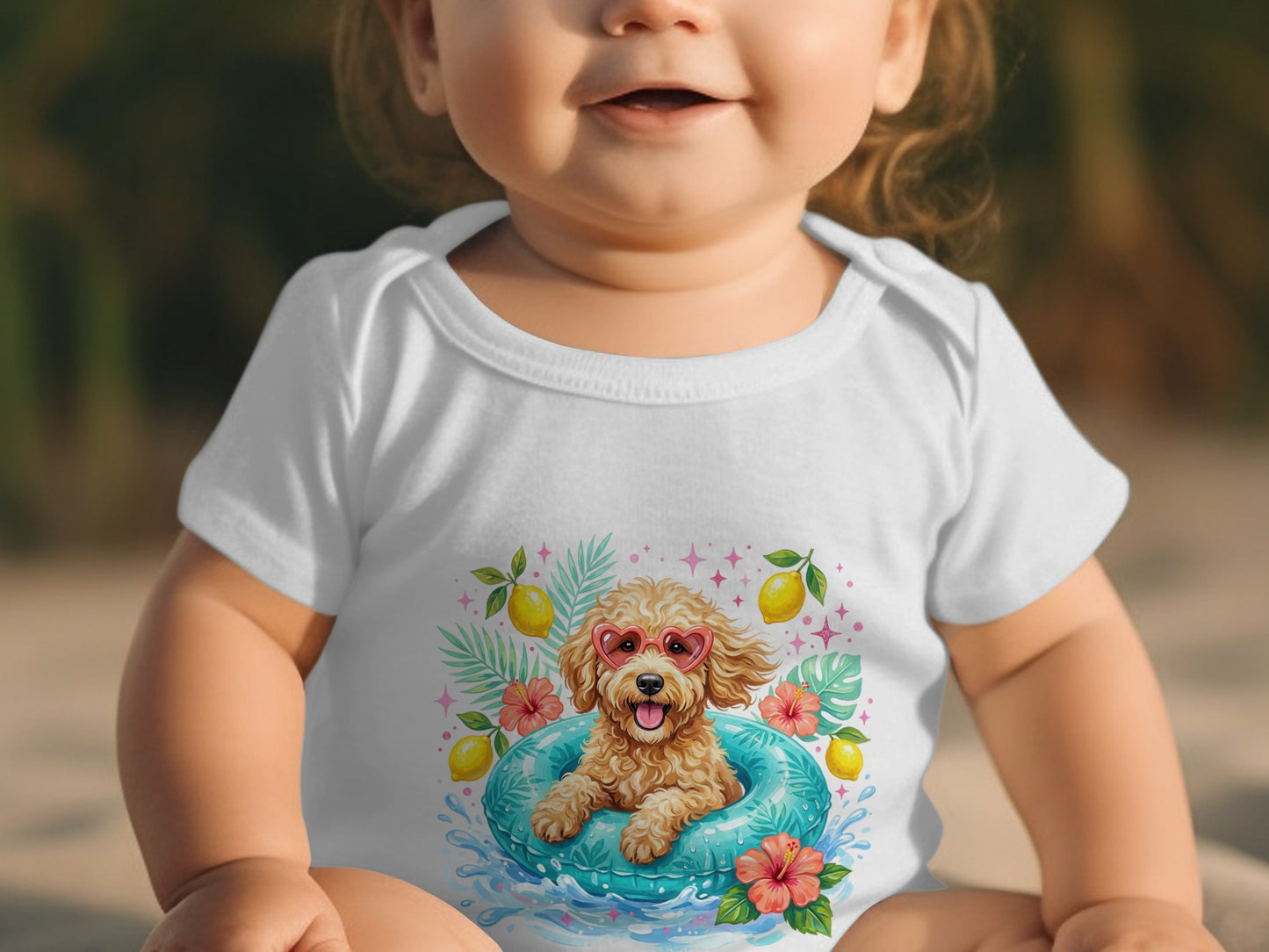 Baby in white bodysuit with a cartoon dog wearing sunglasses in a pool float.