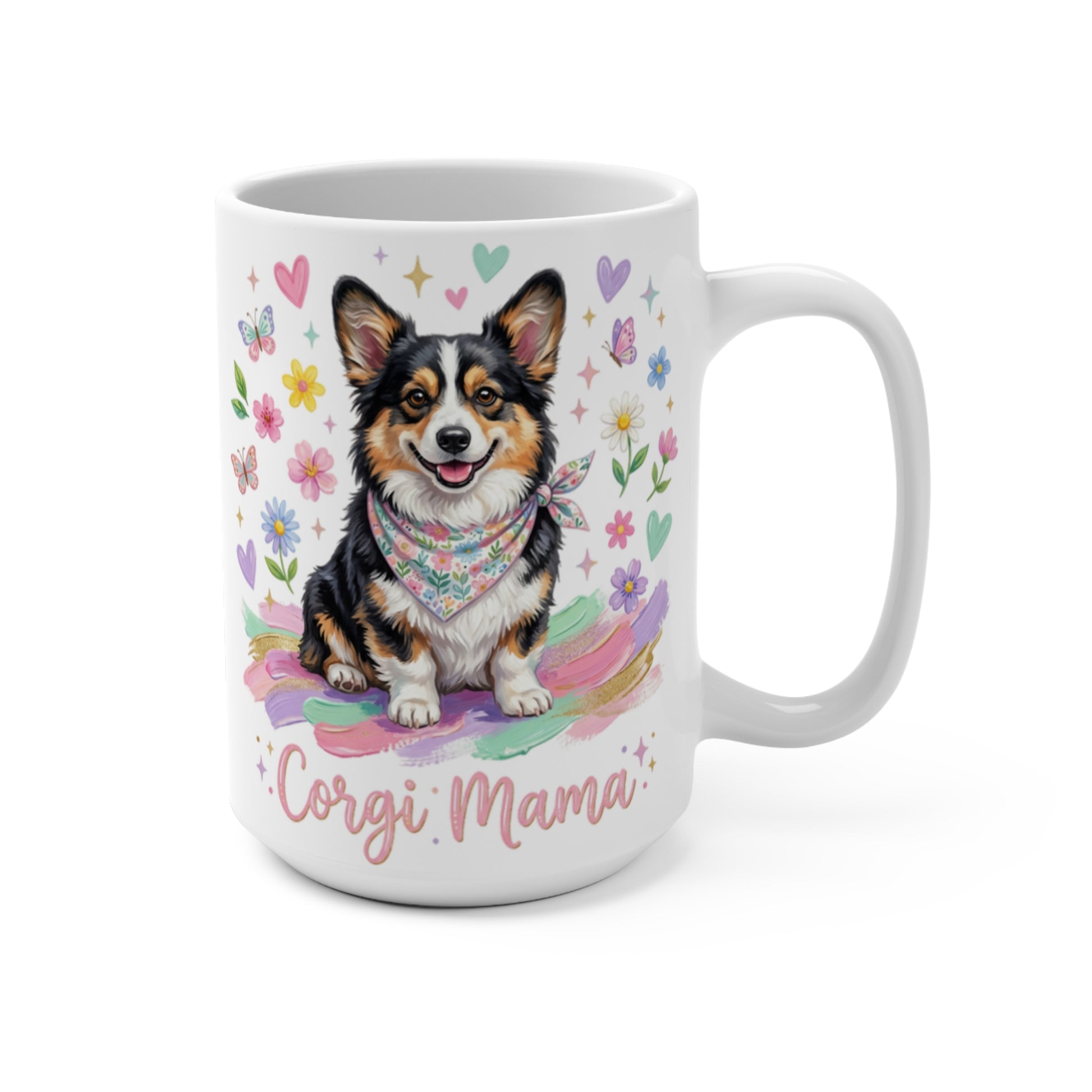 Smiling corgi wearing a bandana on a colorful floral background, "Corgi Mama" text.