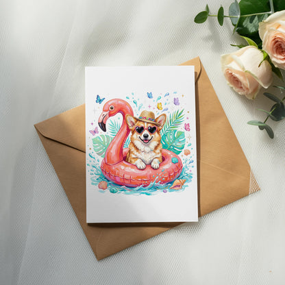 Corgi in flamingo float wearing sunglasses with tropical leaves and butterflies.