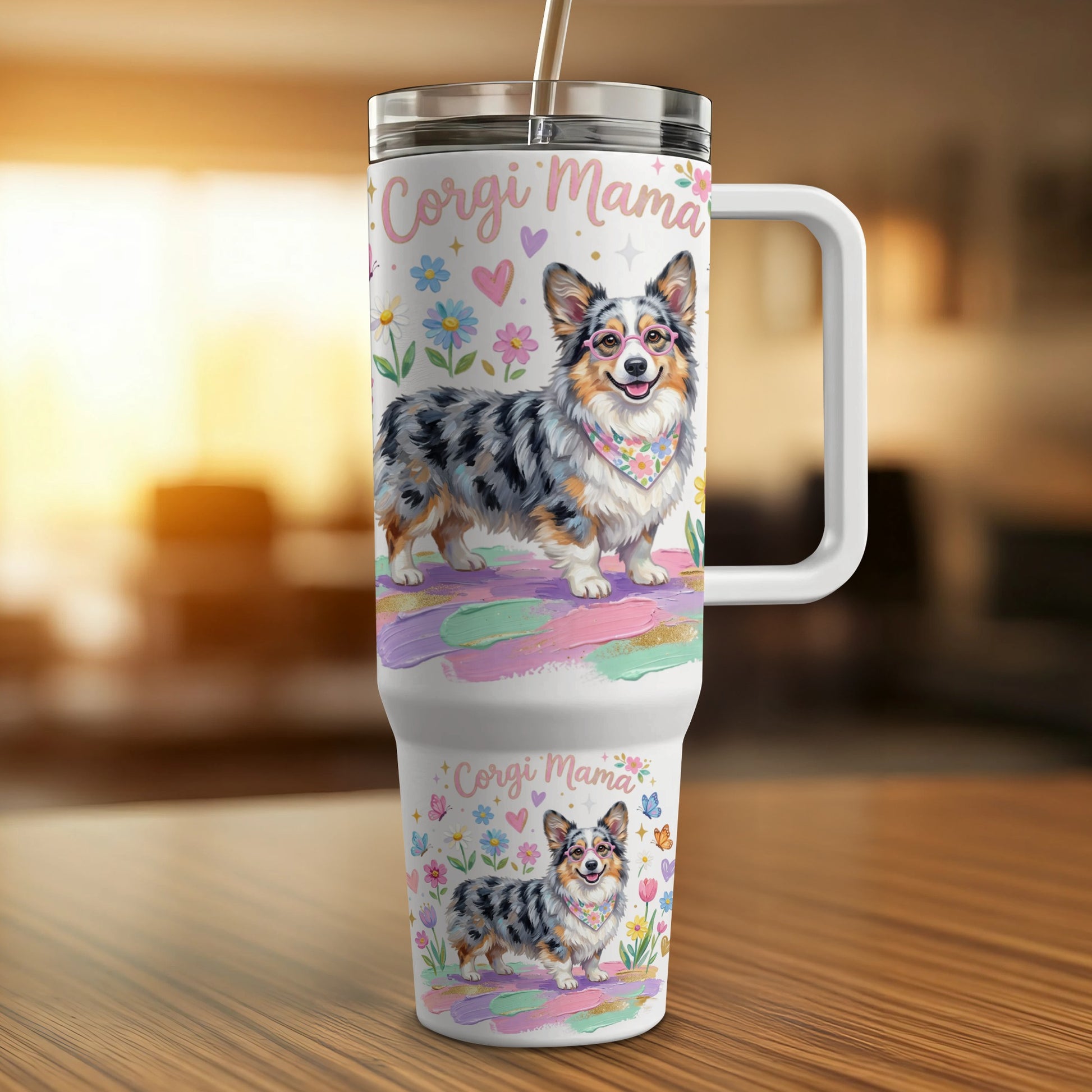 Corgi Mama tumbler with watercolor corgis and floral accents.