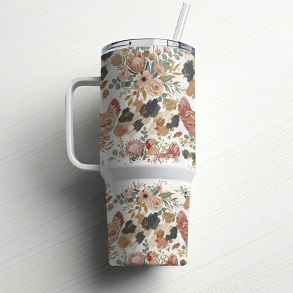 White tumbler with floral, chicken, and abstract brushstroke pattern and straw.