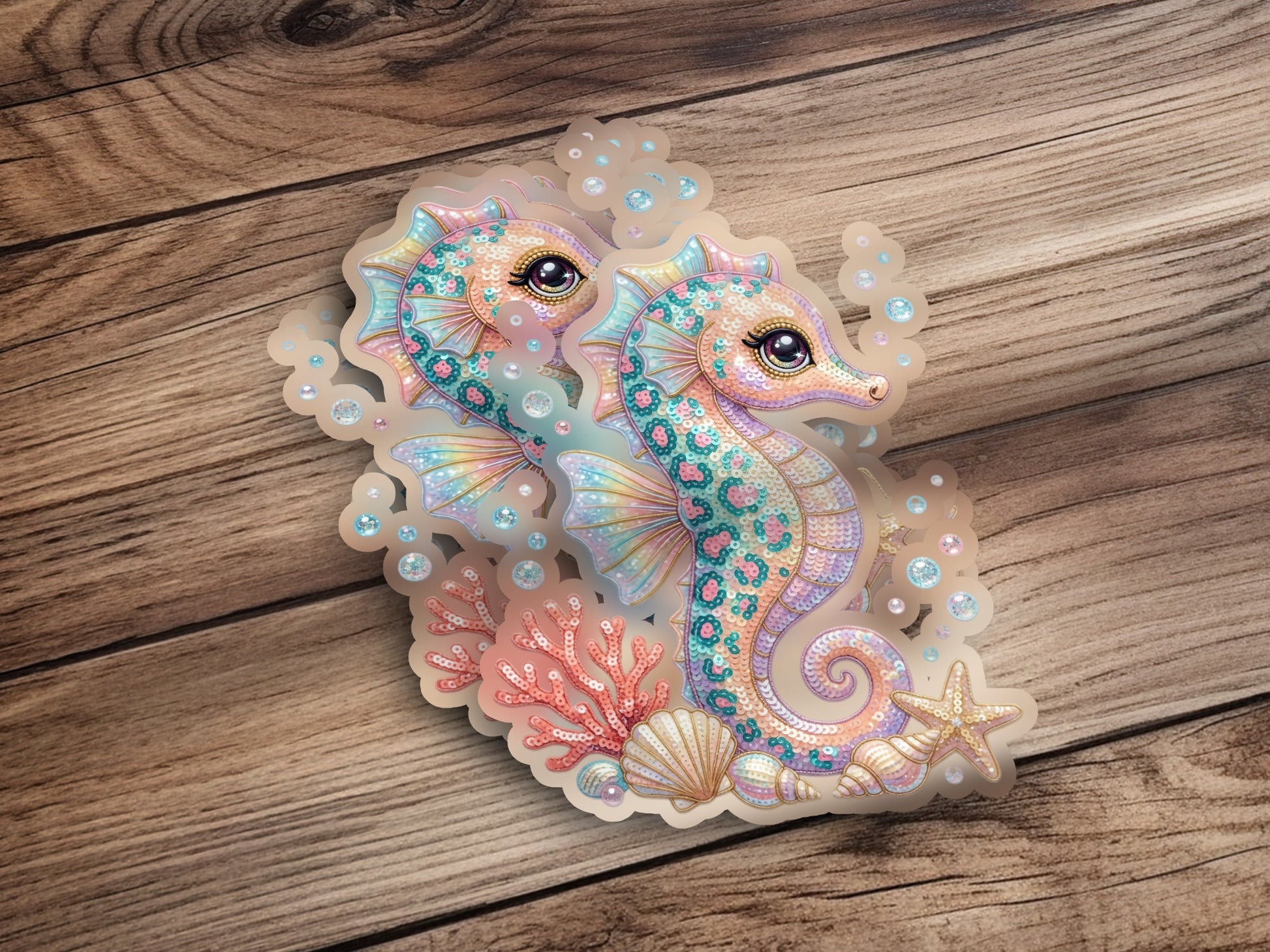 Two colorful sequined seahorses with shells and coral.