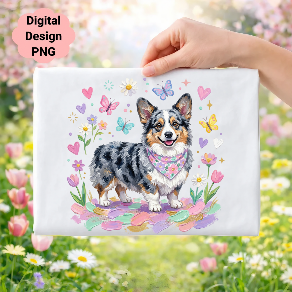 Adorable corgi with bandana surrounded by flowers and butterflies.