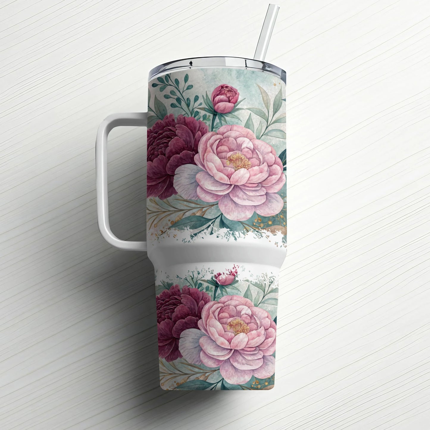 Floral tumbler with handle and straw, featuring pink and burgundy peonies.