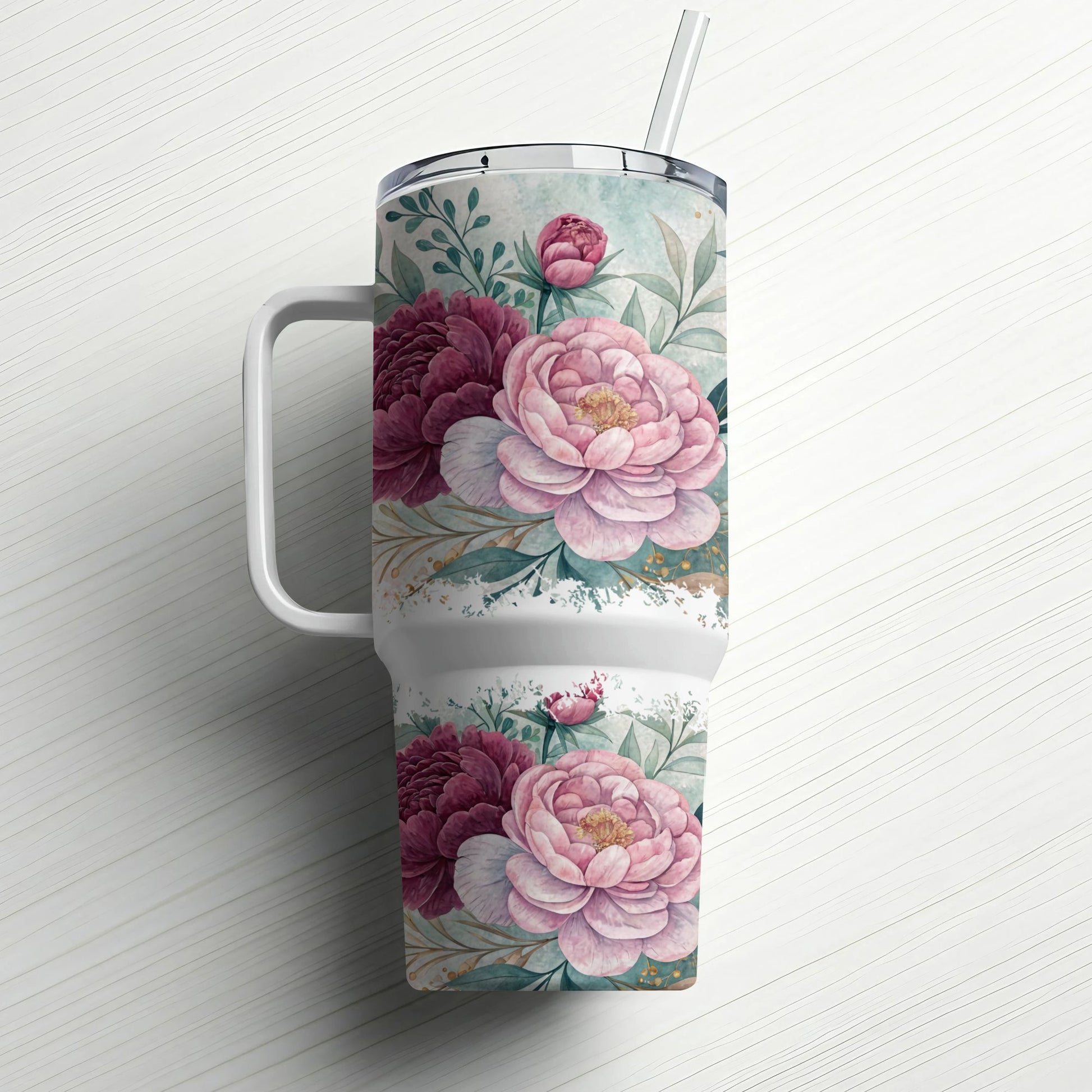 Floral tumbler with handle and straw, featuring pink and burgundy peonies.