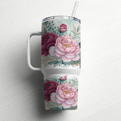 Floral tumbler with handle and straw, featuring pink and burgundy peonies.