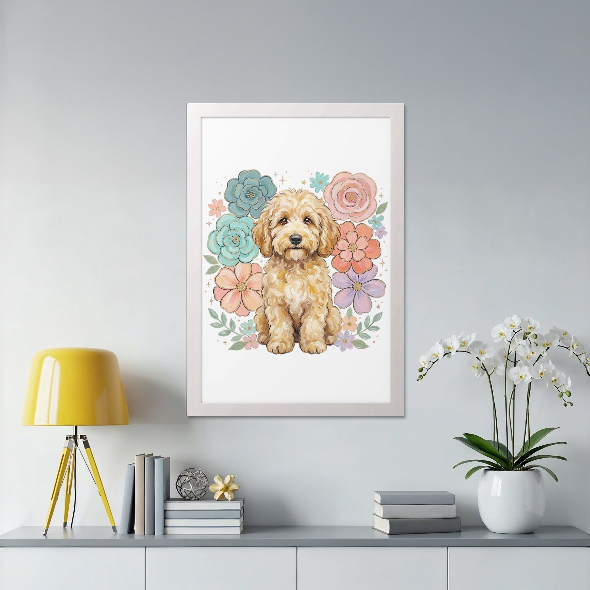 Framed art of a light brown dog sitting among colorful pastel flowers.