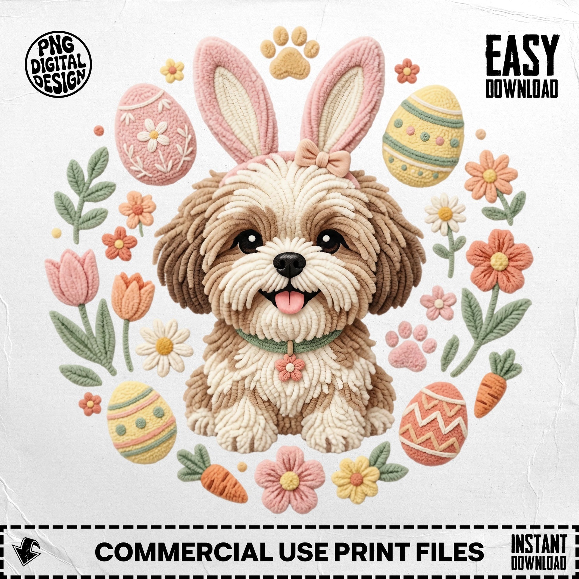 Shaggy dog with bunny ears surrounded by Easter eggs, carrots, and flowers.