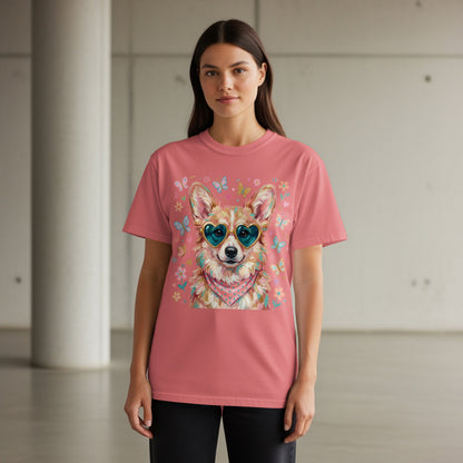 Coral t-shirt with a corgi wearing heart sunglasses and a bandana.