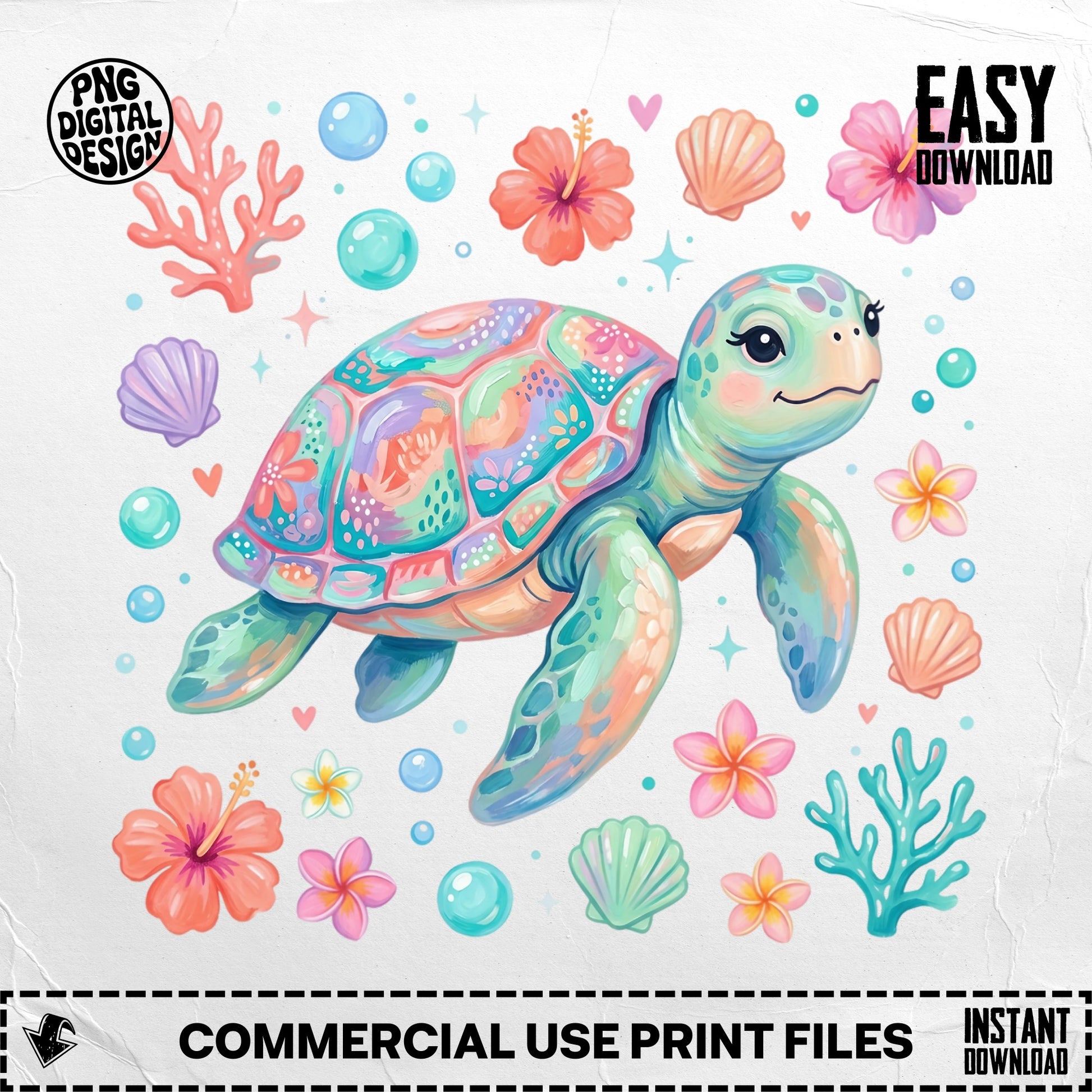 Colorful watercolor turtle surrounded by seashells and flowers.