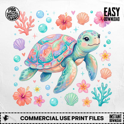 Colorful watercolor turtle surrounded by seashells and flowers.
