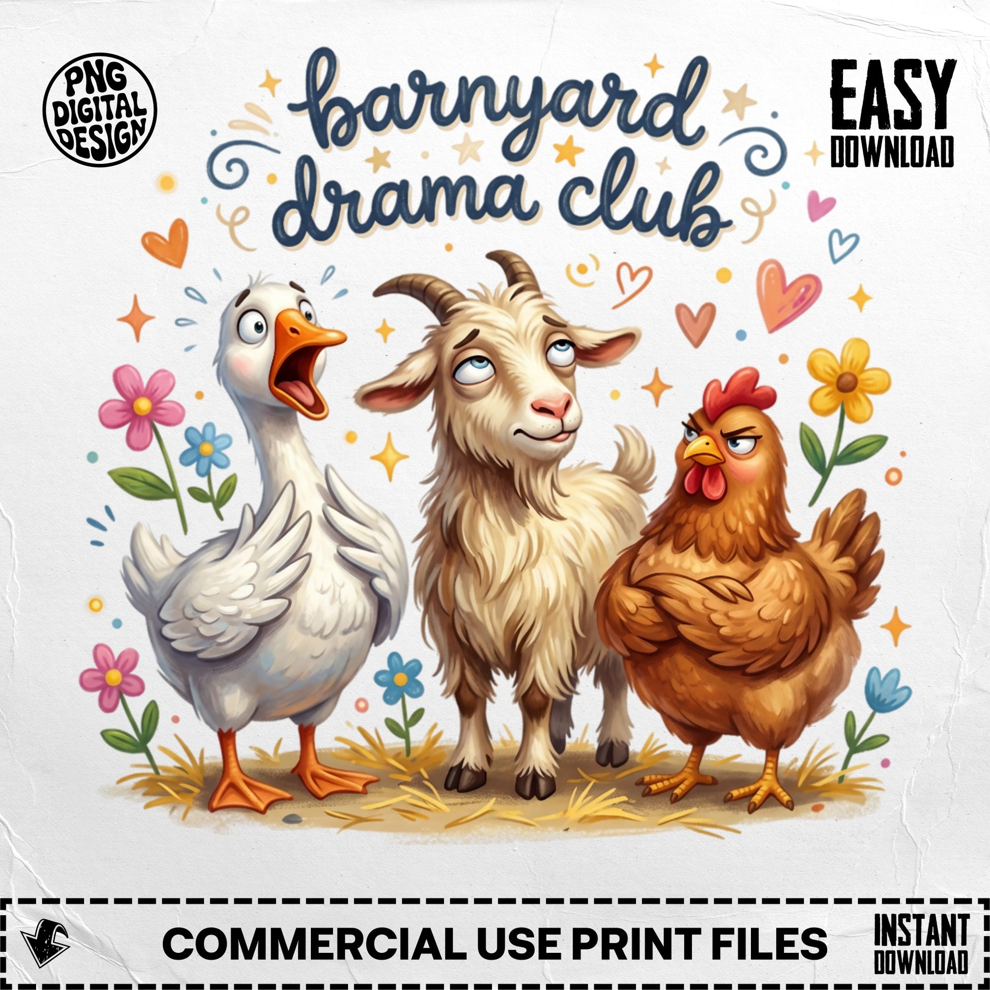 Barnyard Drama Club with a goat, duck, and chicken surrounded by flowers.